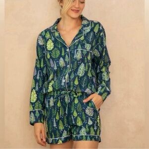 Printfresh Flannel Twinkling Trees Long Sleeve Top & Shorts Set Indigo